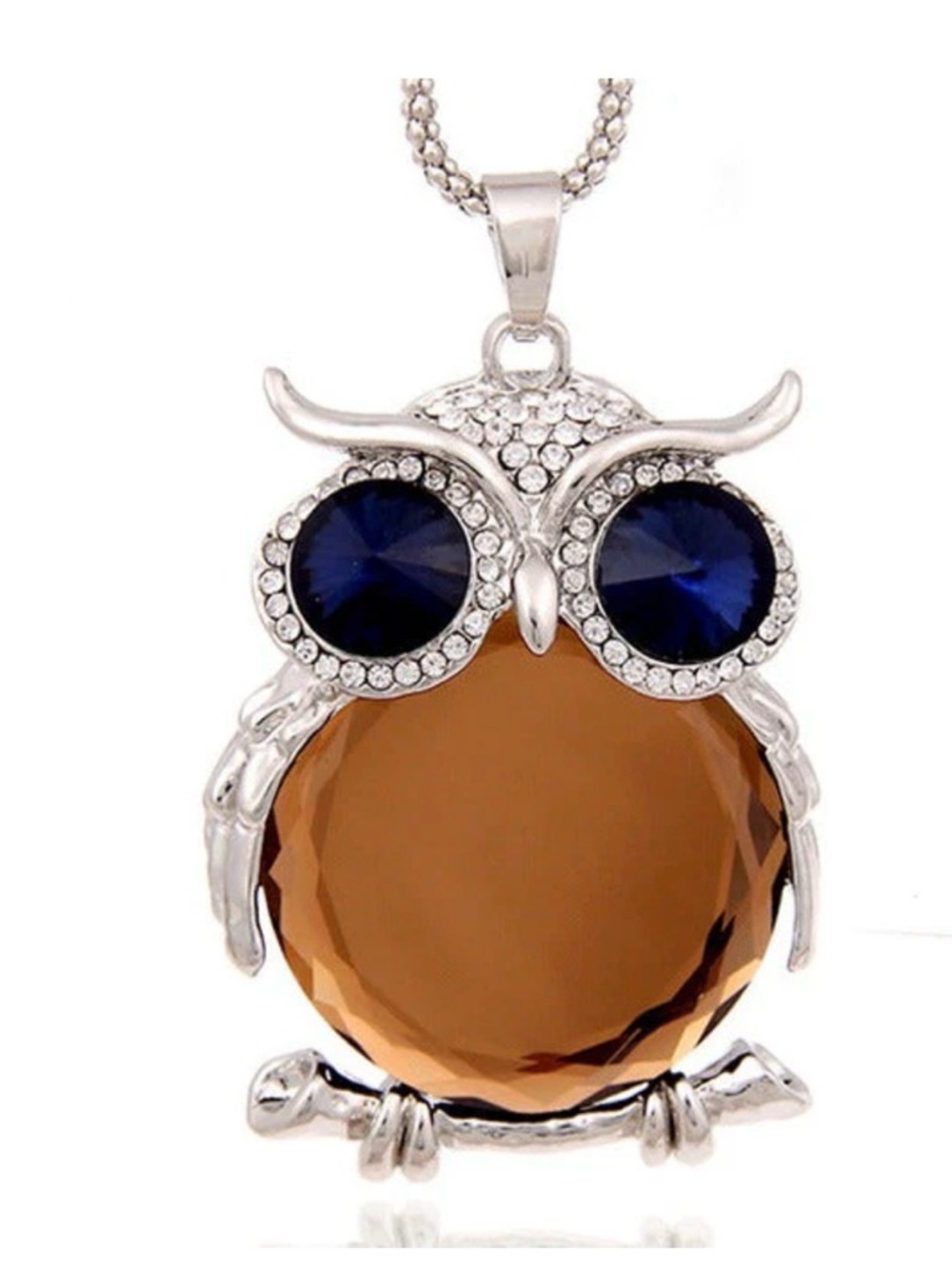Silver Owl Pendant Necklace with Brown Body and Blue Eyes